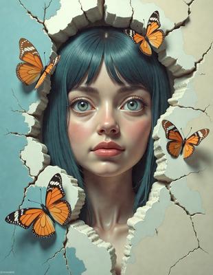 The primary subject of the image is a woman with blue hair, who is surrounded by butterflies. She is positioned in the center of the scene, with the butterflies surrounding her. The setting appears to be a creative and artistic environment, possibly a painting or drawing. The visual style is a combination of realism and artistic expression, as the woman and butterflies are depicted in a way that showcases their beauty and intricacy. The colors and mood of the image are vibr